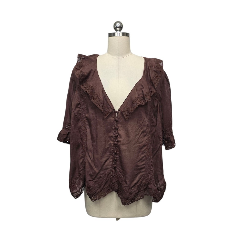 Free‎ People Brown Cotton Lace Ruffle Collar Button Front Blouse Top Size Small